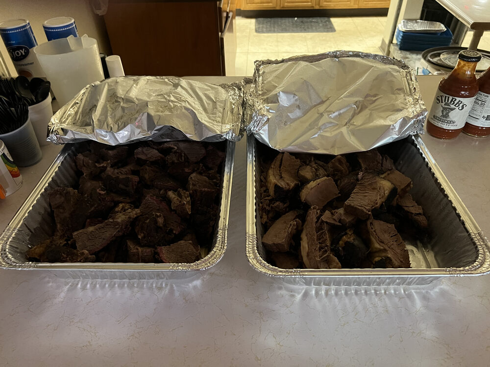 Trays of smoked burnt ends