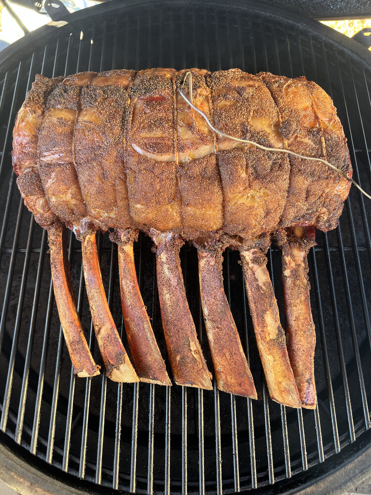 A smoked crown roast on the grill