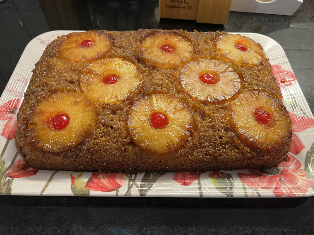 A homemade pineapple upside-down cake