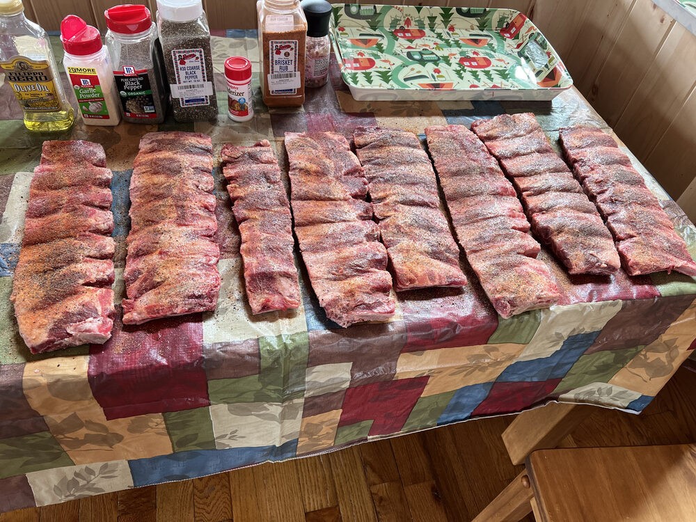 Seasoned ribs laid out and ready for the smoker