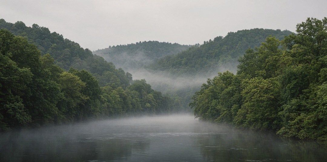 Mist lying on the Allegheny River between steep wooded hills at first light