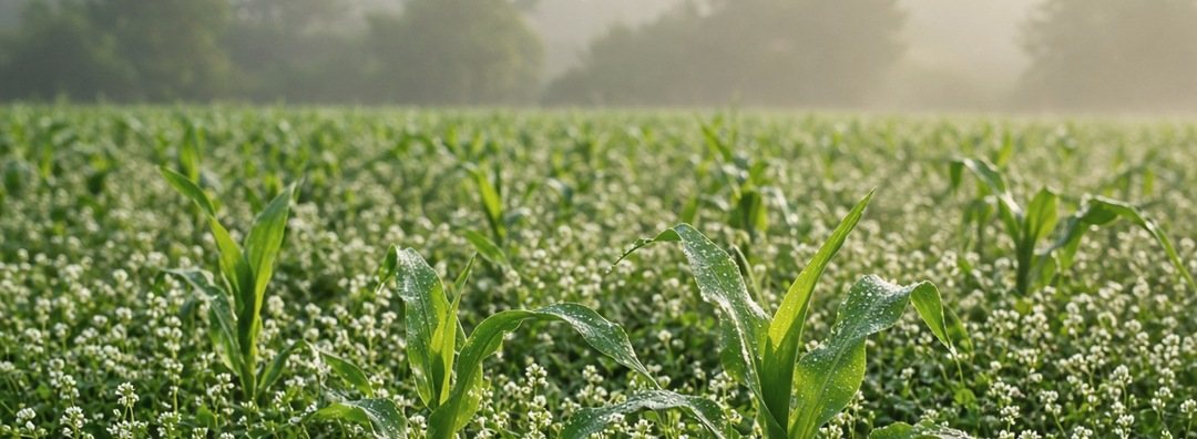 Young sweet corn growing up through a blooming white clover living cover