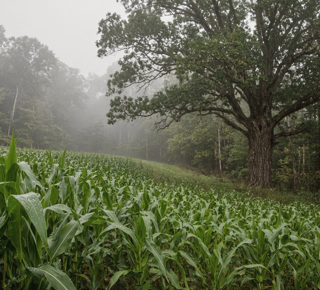 A large oak at the corner of the woods with dew-covered sweet corn coming to within a few steps of the trunk on a foggy morning