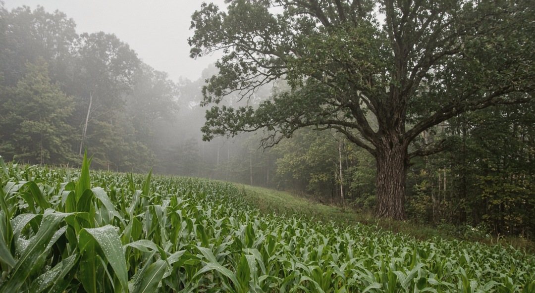 The oak standing a little into the treeline at the high point of the field, dew-covered corn running up to it
