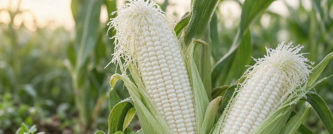 Two pure white ears of super sweet corn opened on the stalk, silks still fresh
